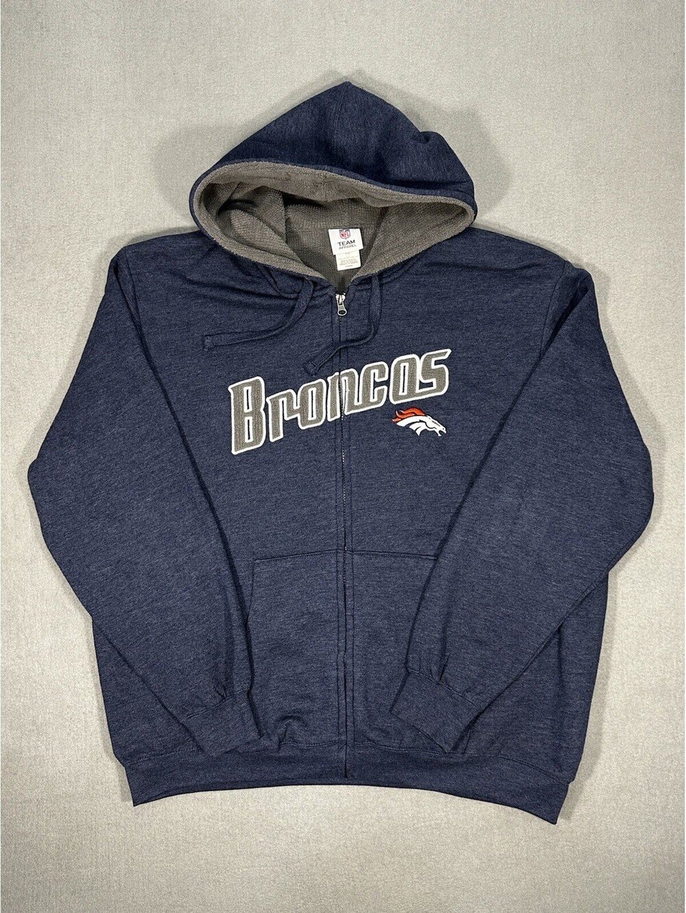 NFL Denver Broncos Full Zip Hoodie Mens XL Blue Sherpa Lined Spell Out Logo